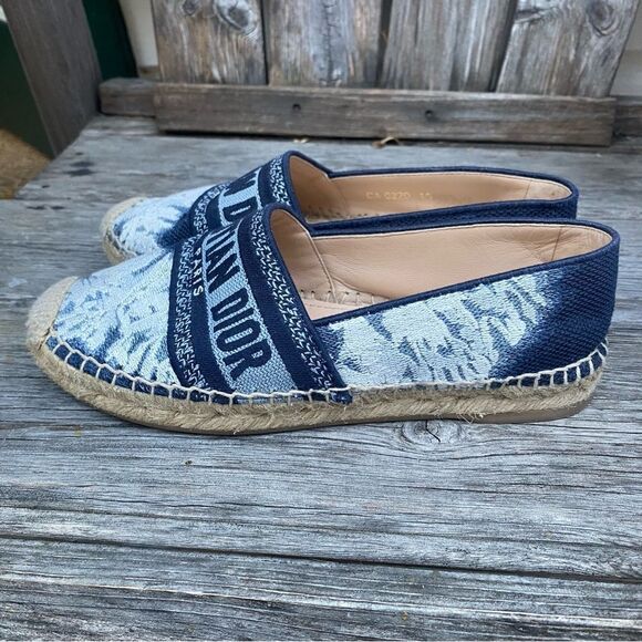 Dior Granville Tie Dye Denim Blue White Logo Embroidered Espadrille Flat 35 - Picture 1 of 8